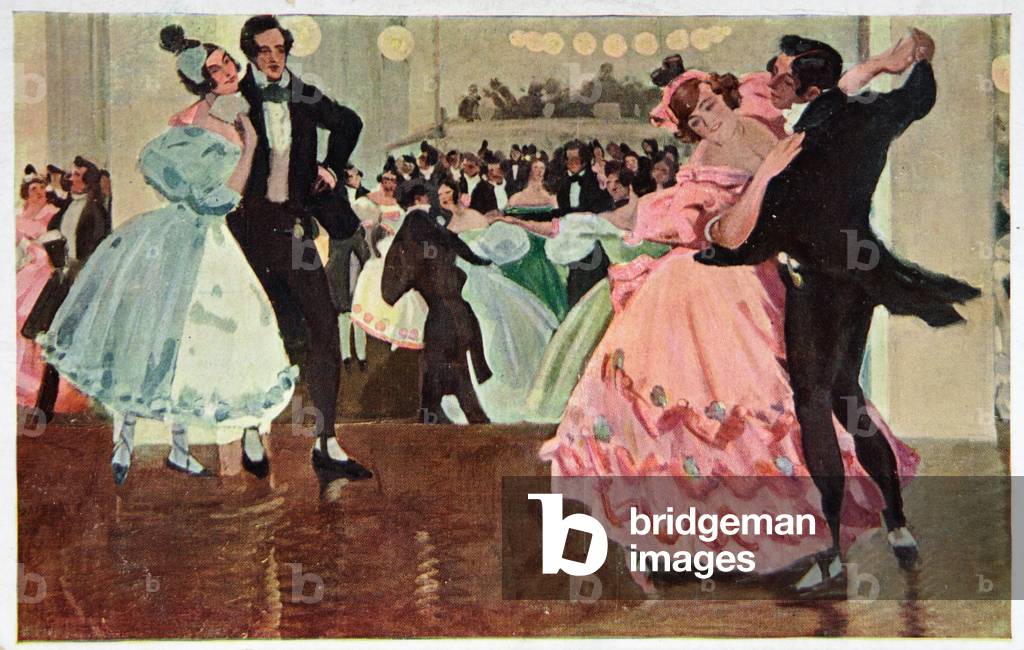 Art. Dance. Couple dancing the waltz: The Blue Danube, by Johann Strauss II. Postcard by Leo Delitz, France, c.1910-20 (postcard)