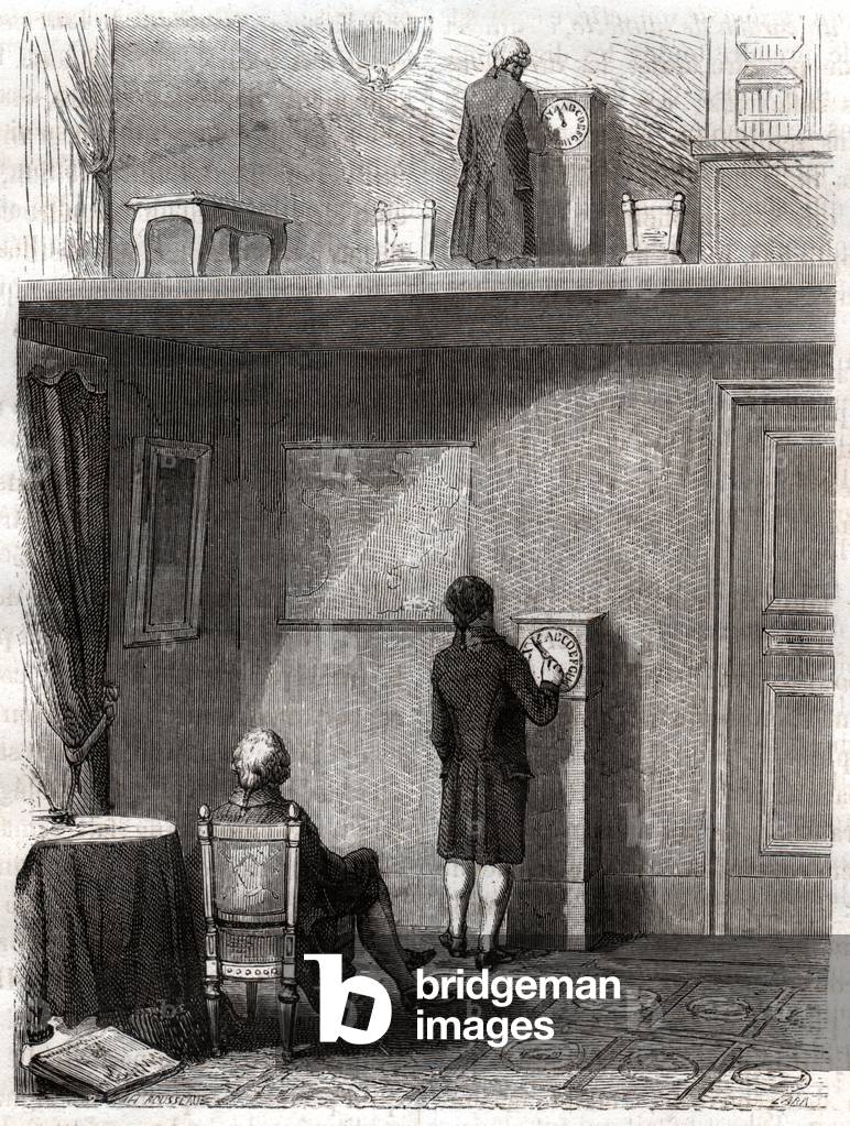 Scientist Jean Alexandre test his dial telegraph, France, Oct. , 1801 (engraving)