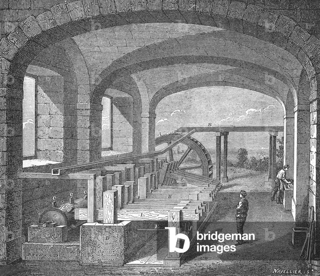 Papermaking, mallet mill for crushing rags. c.1880 (Engraving)
