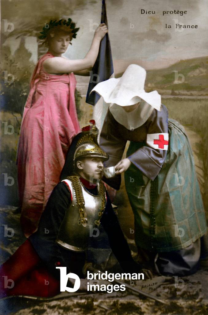 History. France. God protects France. Marianne, a non from the Red Cross and a  french soldier. Postcard, France, c.1910.