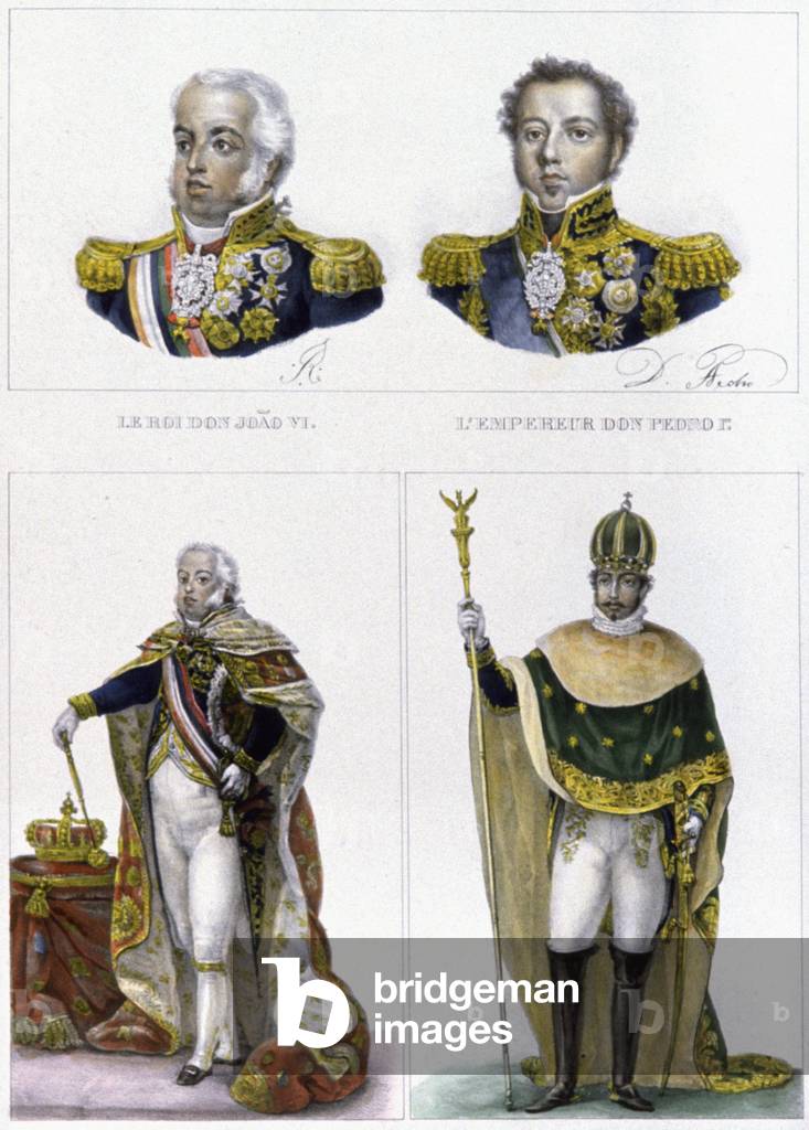 King of Portugal and Brazil Joao VI and his son Don Pedro 1st (1798-1834), 1839 (engraving)
