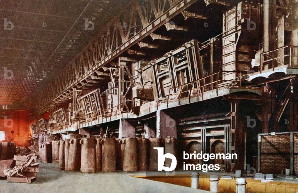 Economy. Steel Mill in China, open heart furnace. Photo, China, c.1920-30.