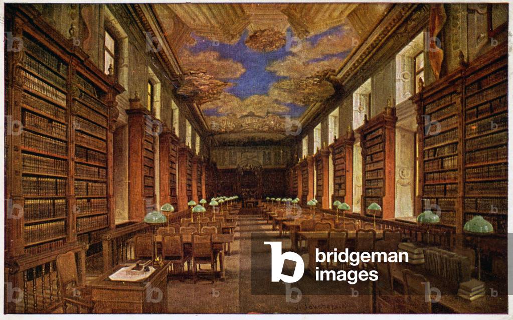 Literature. Reading room in the Austrian National Library (Osterreichische Nationalbibliothek, Vienna). Illustration, Austria, c.1900 (postcard)