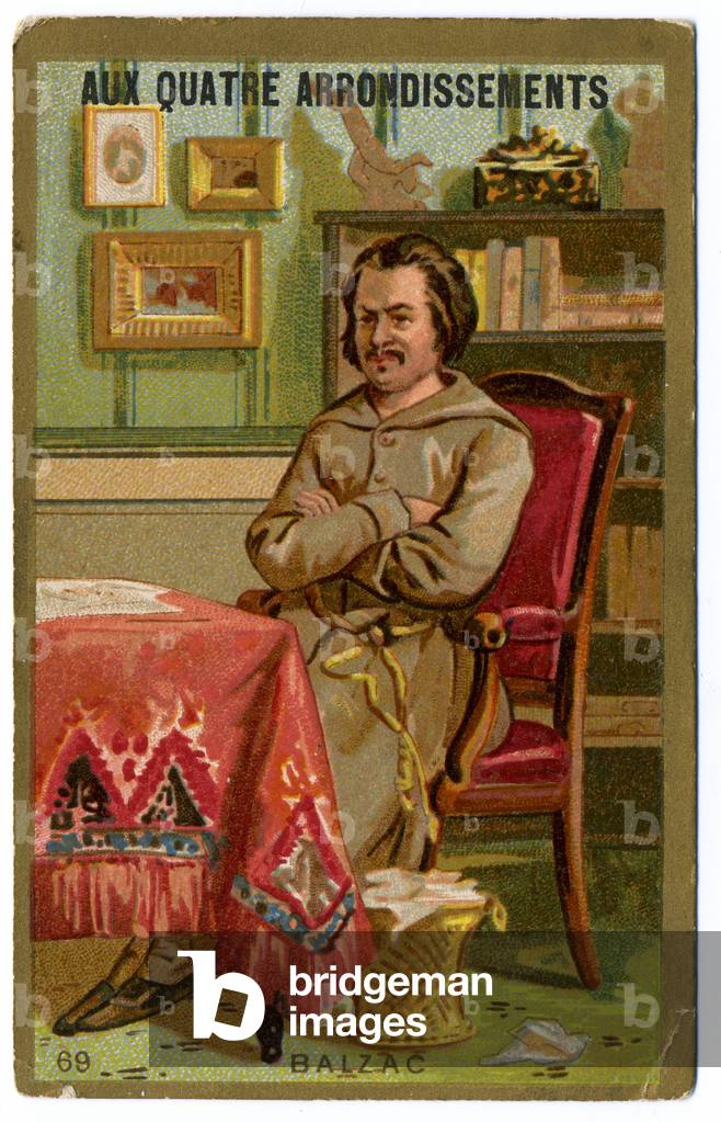 Litterature. The french novelist Honore Balzac. Imagery from the Parisian Department Store: Aux Quatre Arrondissements, France, c.1900 (postcard)
