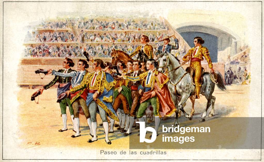 Sport. Bullfighting. The Cuadrilla (team of a matador and his banderilleros and picadors). Illustration, Spain, c.1910.