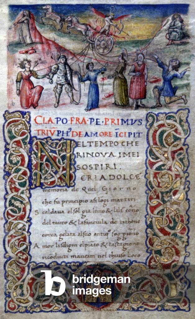 Literature. The Triumph of Love. Miniature in: The Triumphs of Petrarch. Manuscript, Italy, c.1470 Bibl. Jacquemart Andre, Paris.
