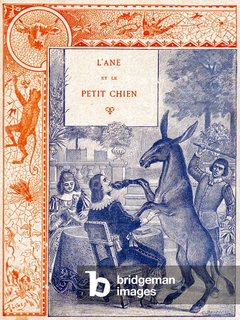The donkey and the little dog, late 19th century (illustration)