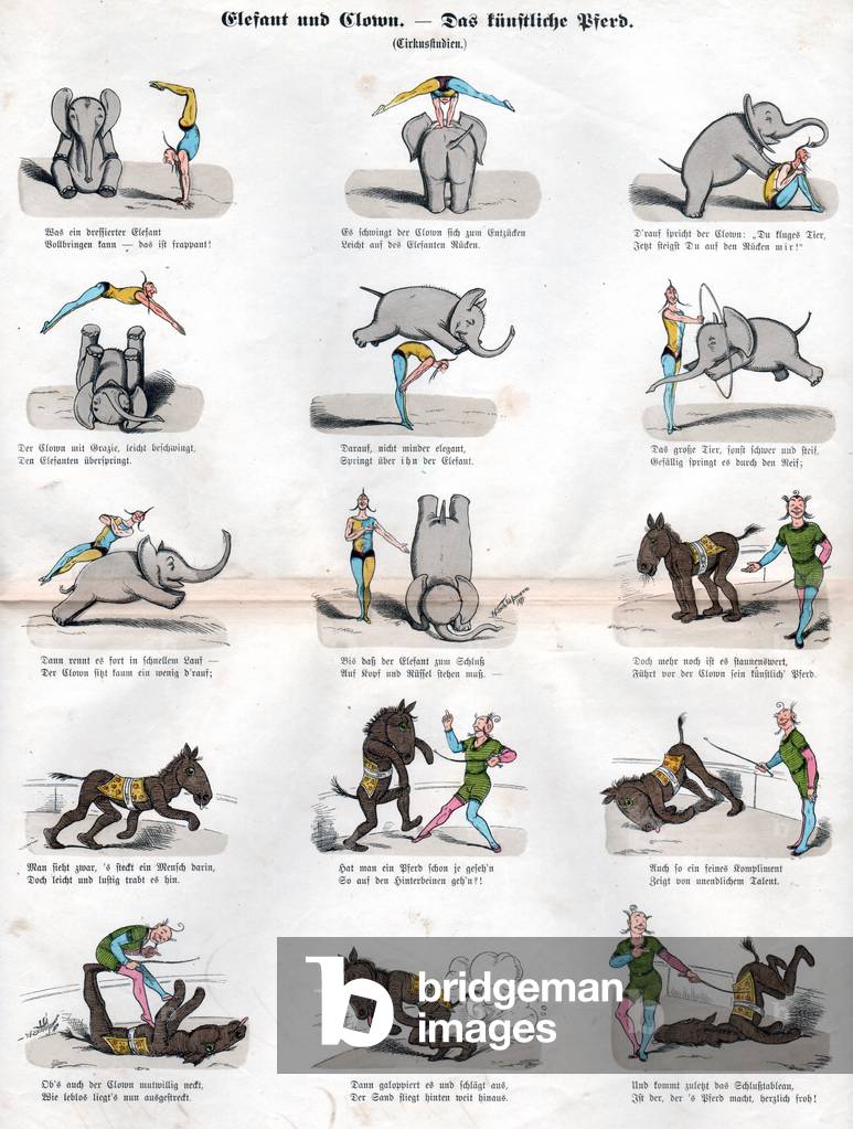 Art. Entertainment. Circus. Clown and animal trainer (Elephant and horse). Imagery 