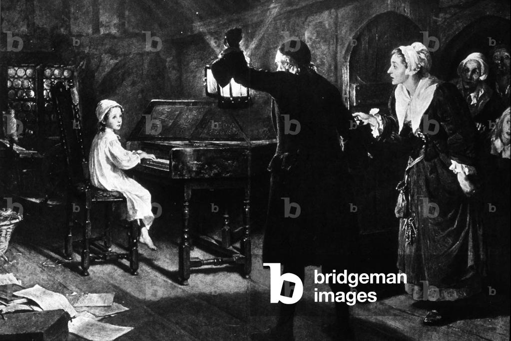 Haendel playing the harpsichord in his parents' attic, late 19th century (engraving)