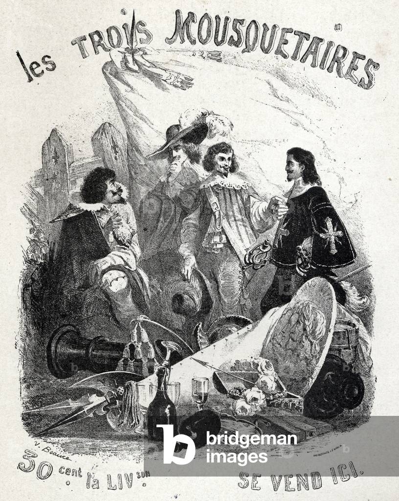Literature. The three musketeers, novel by Alexandre Dumas. Poster by Beauce for a booklets edition, France, 1844. (poster)