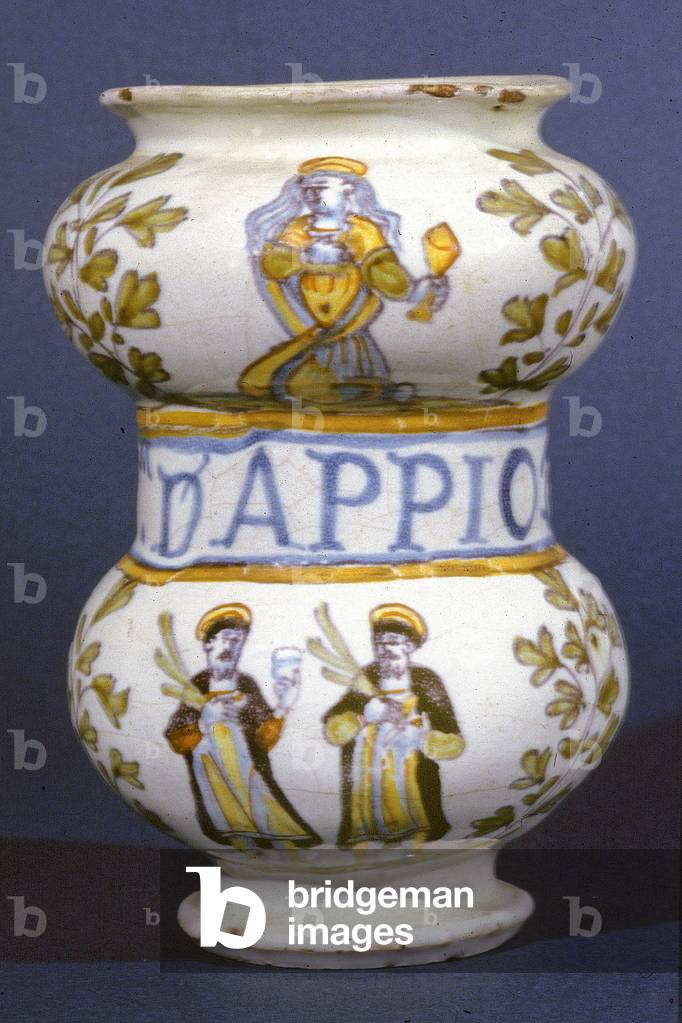 Pharmacy pot with Sts. Cosmas and Damian, 17th century (ceramic)