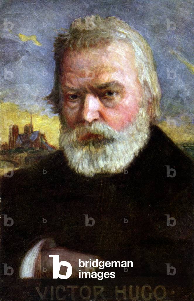 Literature. The french writer Victor Hugo and Notre Dame de Paris. Illustration, Hungary, c.1900 (postcard)