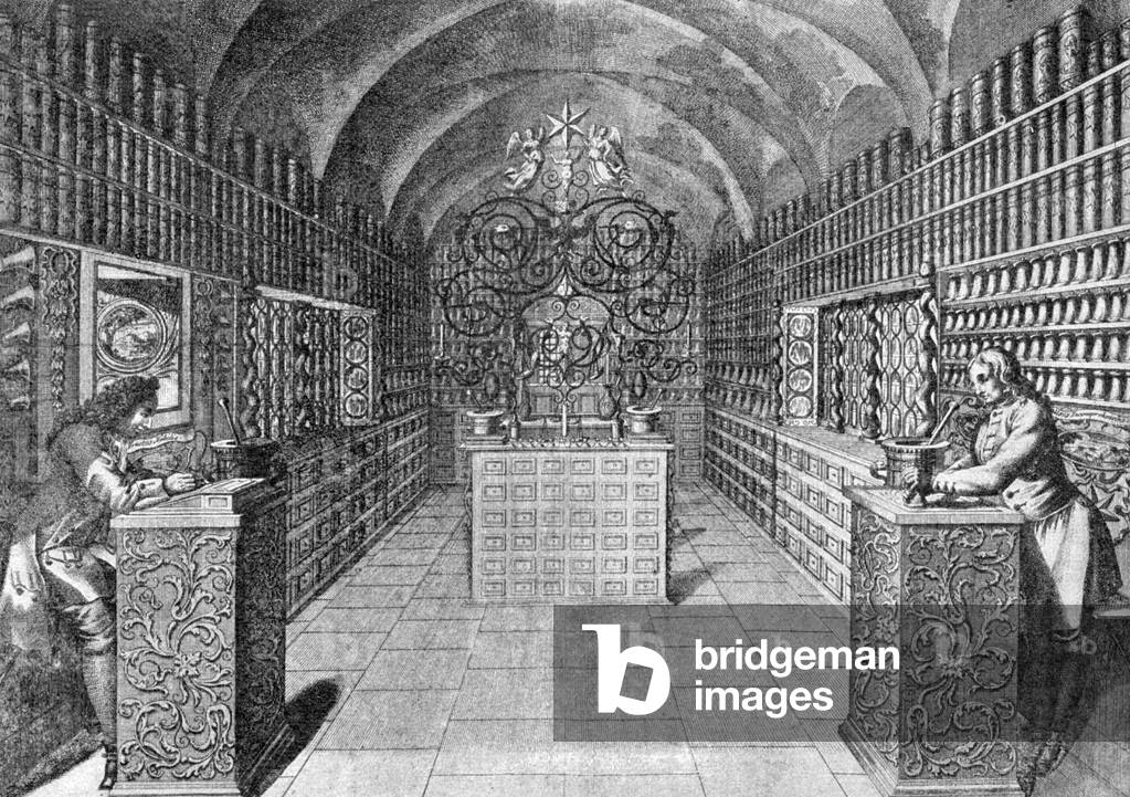 Pharmacy in Germany, 17th century (engraving)