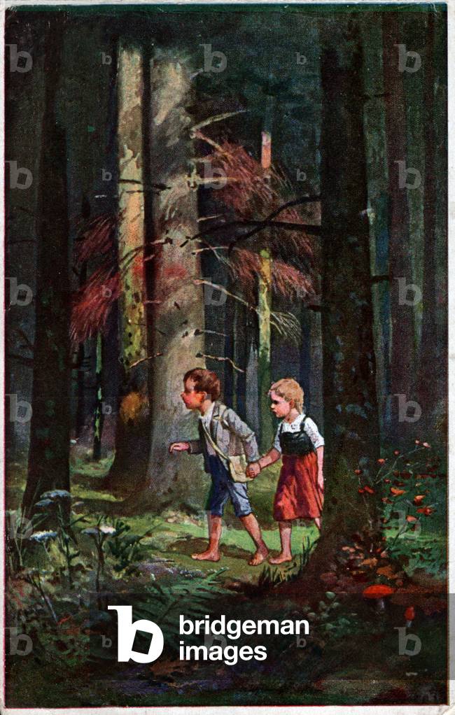 Literature. Fairy Tales. Hansel and Gretel lost in the forest. Illustration by Otto Kubel for the tale of the Brothers Grimm. Postcard, Germany, c.1900.