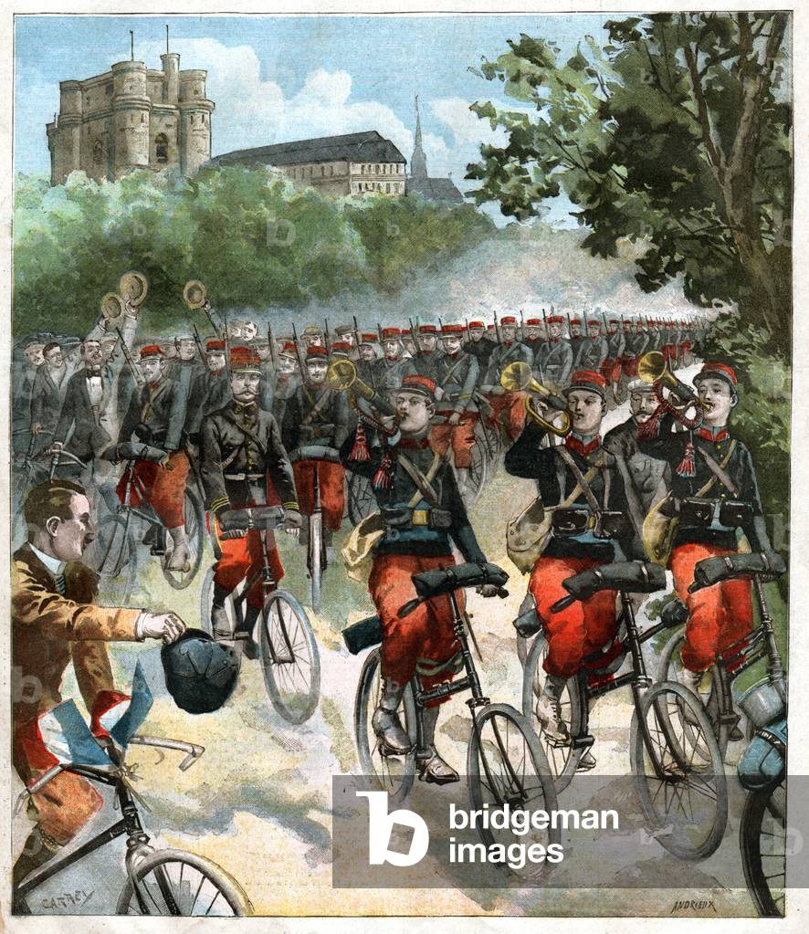 Cyclistes militaires. Military bike riders, 1901 (print)