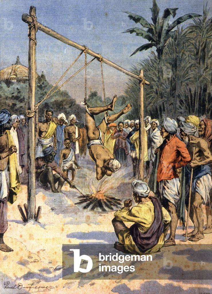 Fakir putting himself to the test of fire in India, print 1907