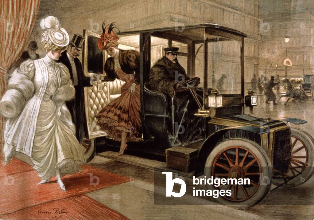Elegant women coming out of the automobile, 1905 (illustration)