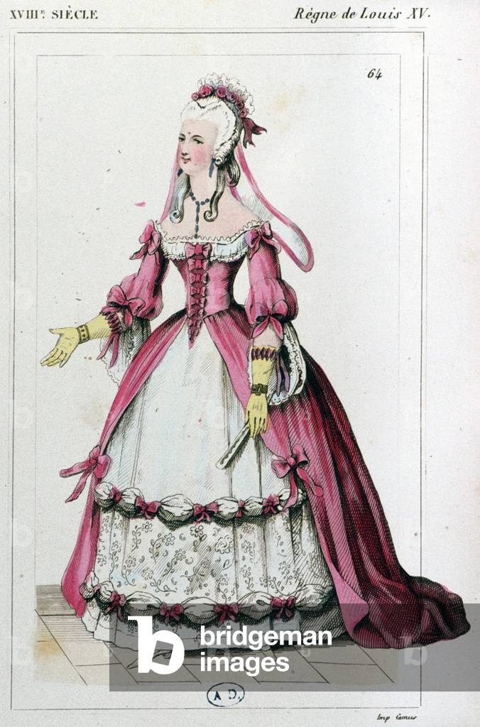 Woman wearing a dress as Mme de Pompadour wore, c. 1810 (engraving)