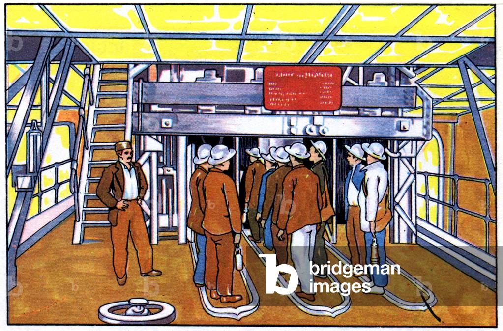 Minors going in the mine with a lift, c.1950 (illustration)