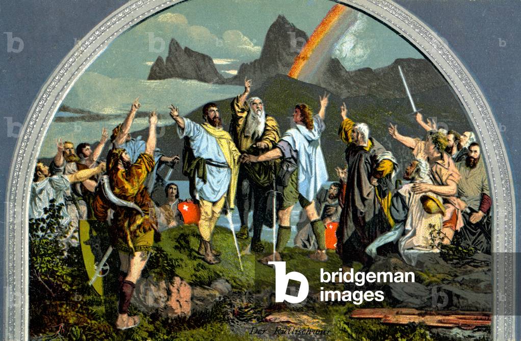 History. Switzerland. The Rutlischwur (Rutli's oath), the forming of the Old Swiss Confederacy in 1307. Postcard, Switzerland, c.1914.