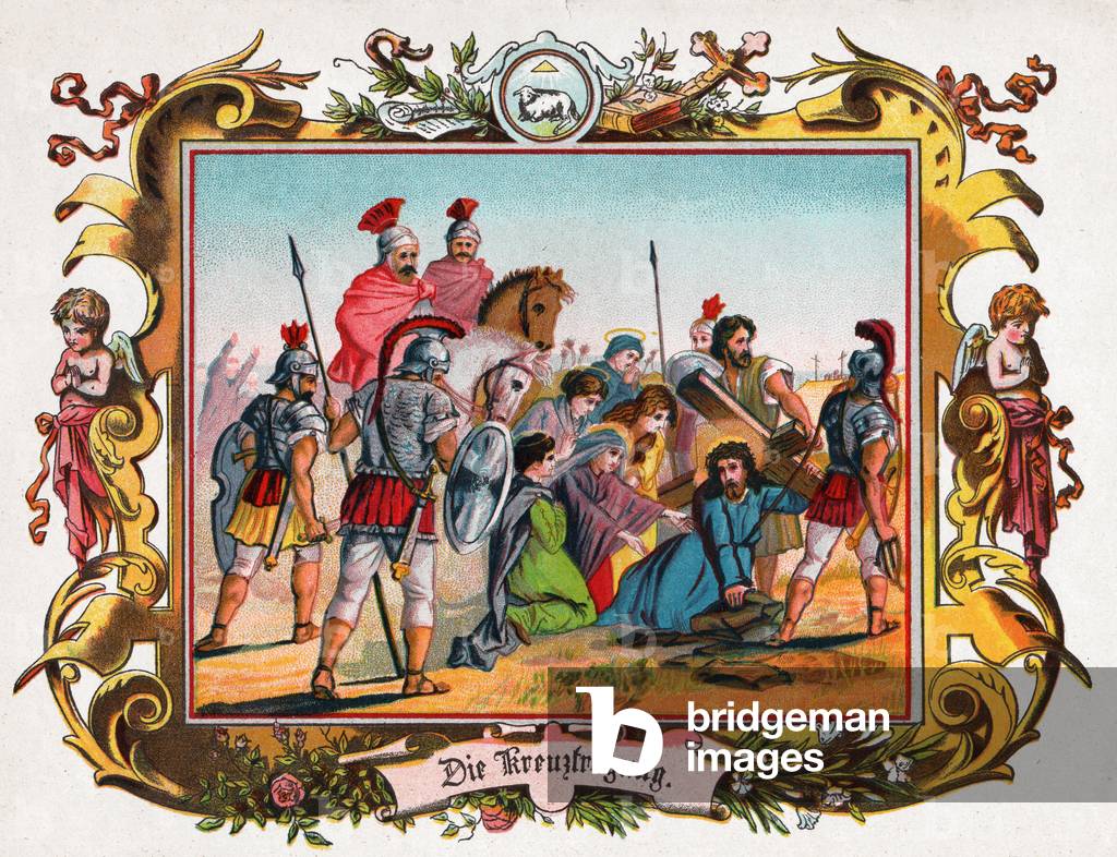 Jesus Christ carries the cross.circa 1900 (illustration)