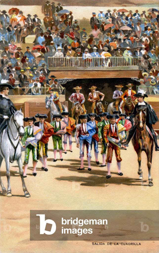 Sport. Bullfighting. The Cuadrilla (team of a matador and his banderilleros and picadors). Illustration, Germany, c.1910-20.