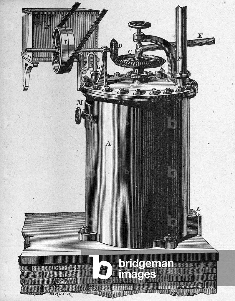 Science. Textile manufacturing. Boiler for the production of aniline (organic compound used in dyeing. Engraving in: Grands hommes et grands faits de l'industrie, France, c.1880 (engraving)