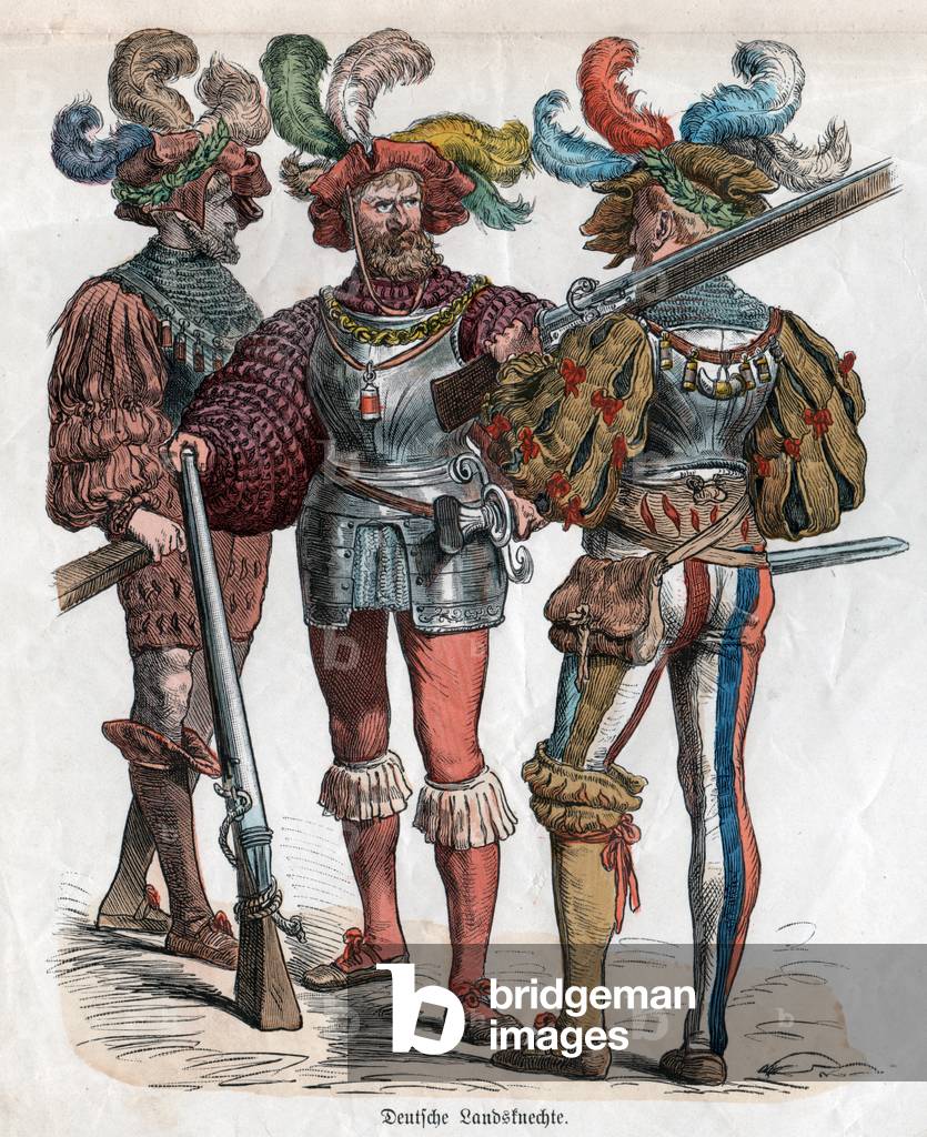 Geography. Germany. German soldiers. German costumes of the XVIth cent. Engraving 