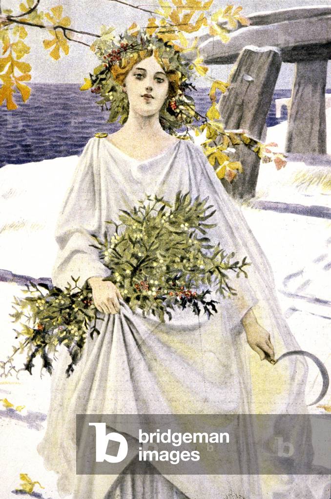 Druid gathering mistletoe, circa 1900 (illustration)