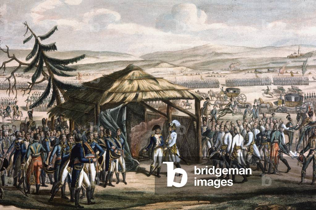 Meeting between Francois II and Napoleon I after Austerlitz victory, 1805 (engraving)
