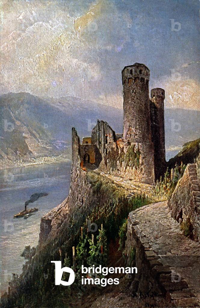 Geography. Germany. The ruins of the Erhenfels castle (Burg Ehrenfels) on the Rhine. Illustration, Germany, c.1900 (postcard)