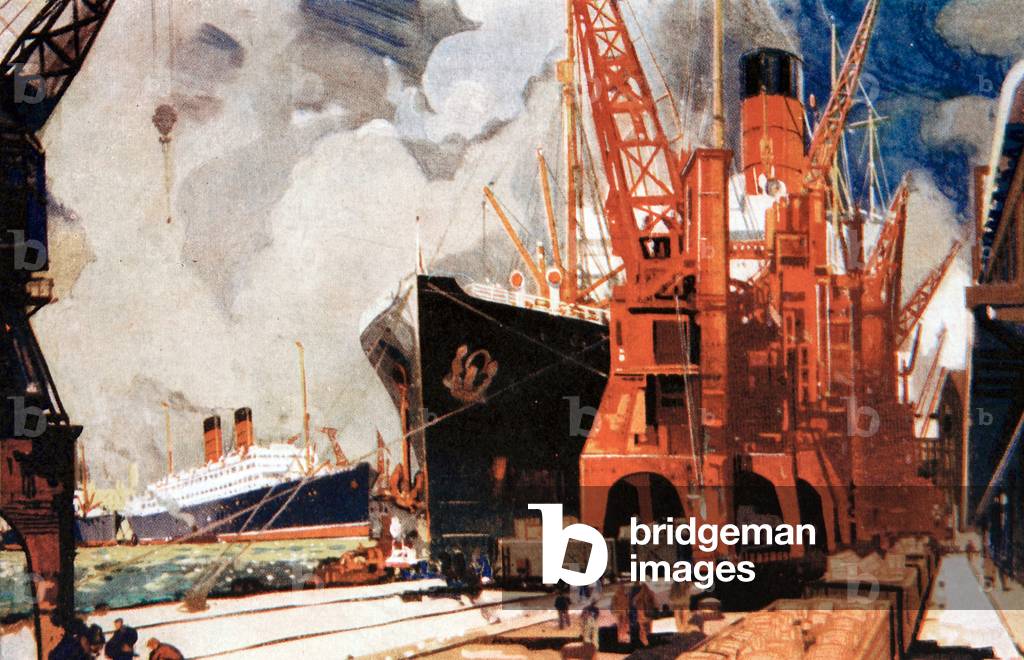 freighter unloading on the docks of London, postcard c. 1930