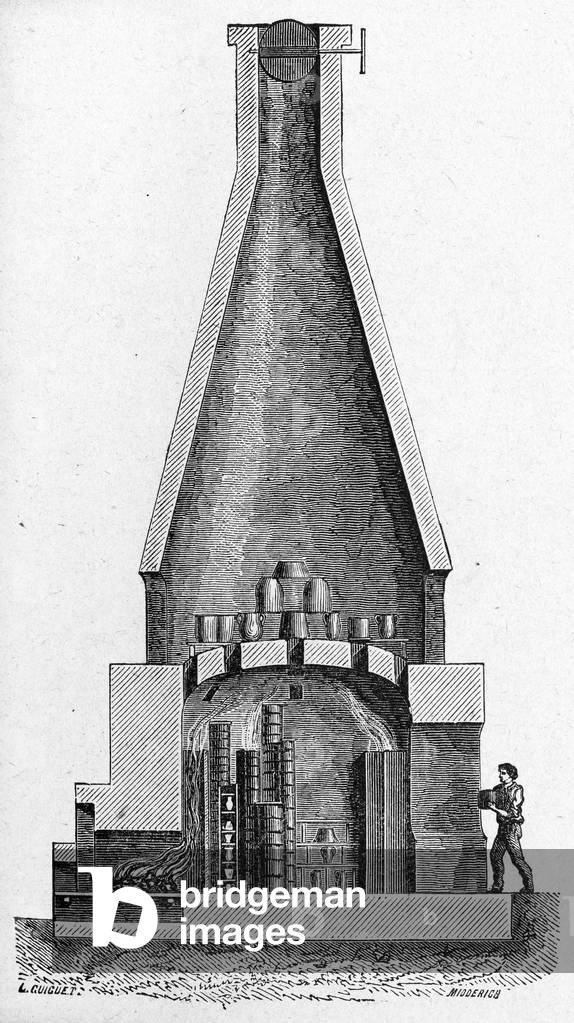 Art. Oven for faience (tin glazed pottery). Engraving in: Grands hommes et grands faits de l'industrie, France, c.1880 (engraving)