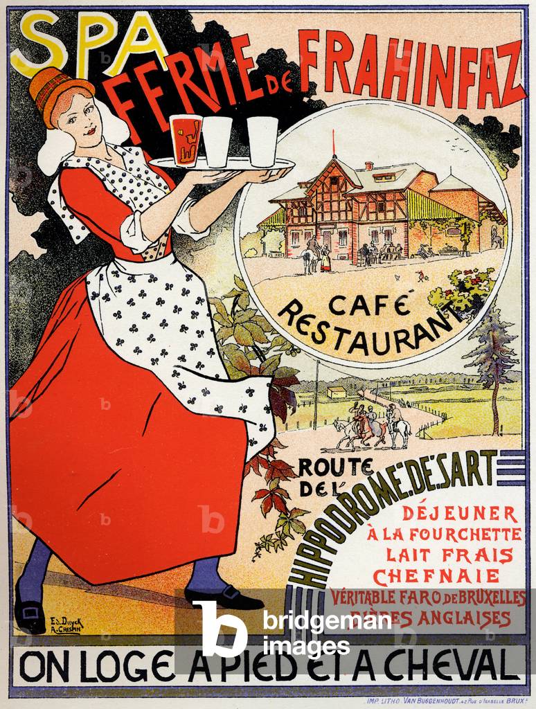 Food and Beverage. Farm of Frahinfaz, restaurant in Belgium. Poster by Duck and Crespin, Belgium, c.1890 (poster)