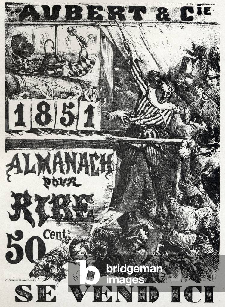 Art. Entertainment. A fairground. Almanac for fun, 1851. Poster by E. Morin, France, 1850 (poster)