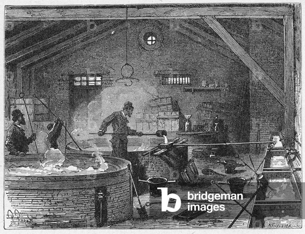 Science. Soap making from tallow. Engraving in: Grands hommes et grands faits de l'industrie, France, c.1880 (engraving)