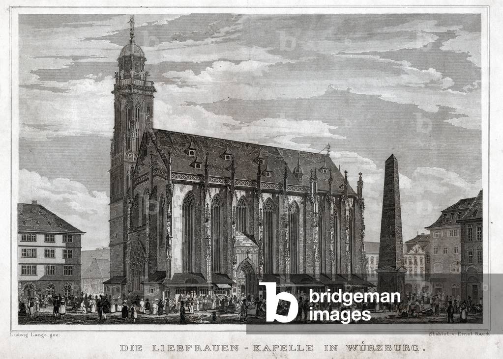 Chapel of St. Mary in Würzburg, in front of Marche Square and the Obelisk, Germany. ca 1850 (Engraving)