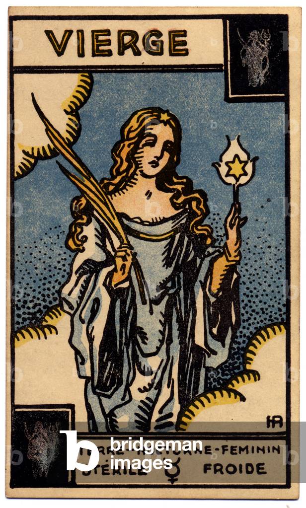 Paranormal. Astrology. Virgo (the Maiden). Astrologic card from: Le Tarot Astrologique (Astrological Tarot), by Georges Muchery, France, 1927