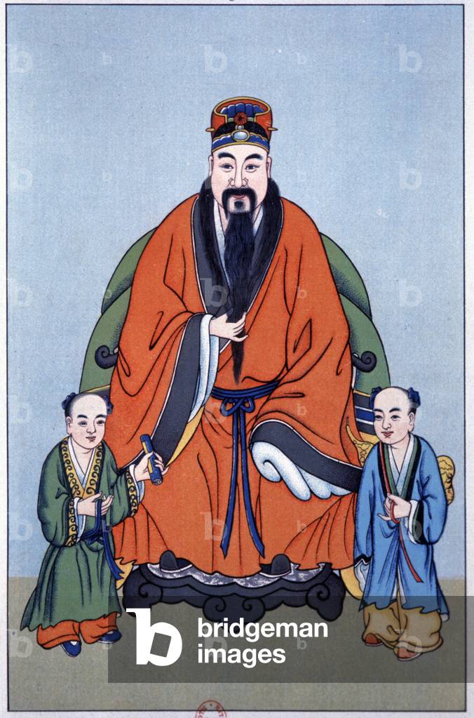 The surgeon Hua To, beside him are two servants, one holding his pill bottle, the other his medicine book, 1911-1920 (engraving)