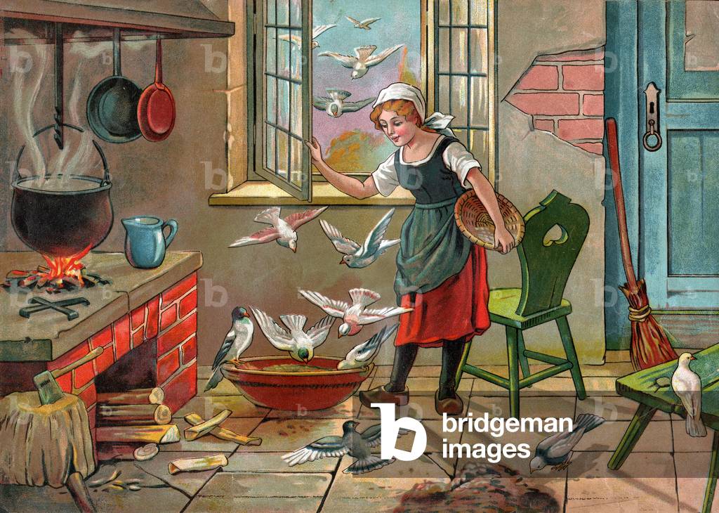 Peasant girl with pigeons. (Illustration around 1920)