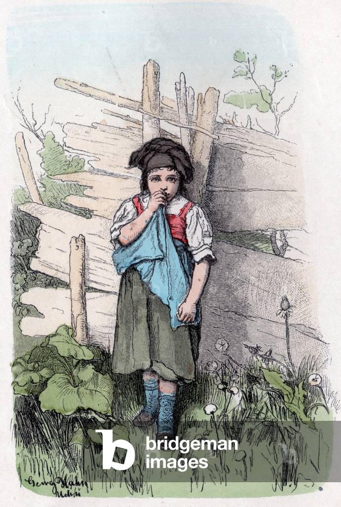 Education. Children life in the countryside. Sad girl. Engraving 