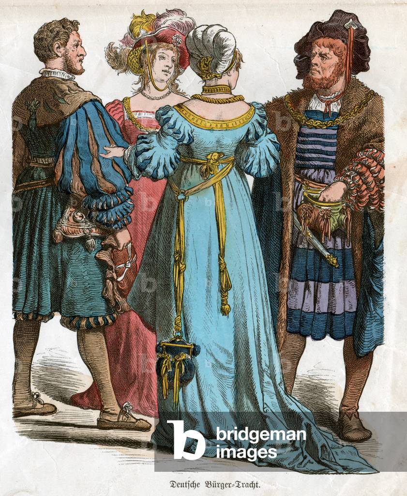 Geography. Germany. Bourgeois couple. German costumes of the XVIth cent. Engraving 