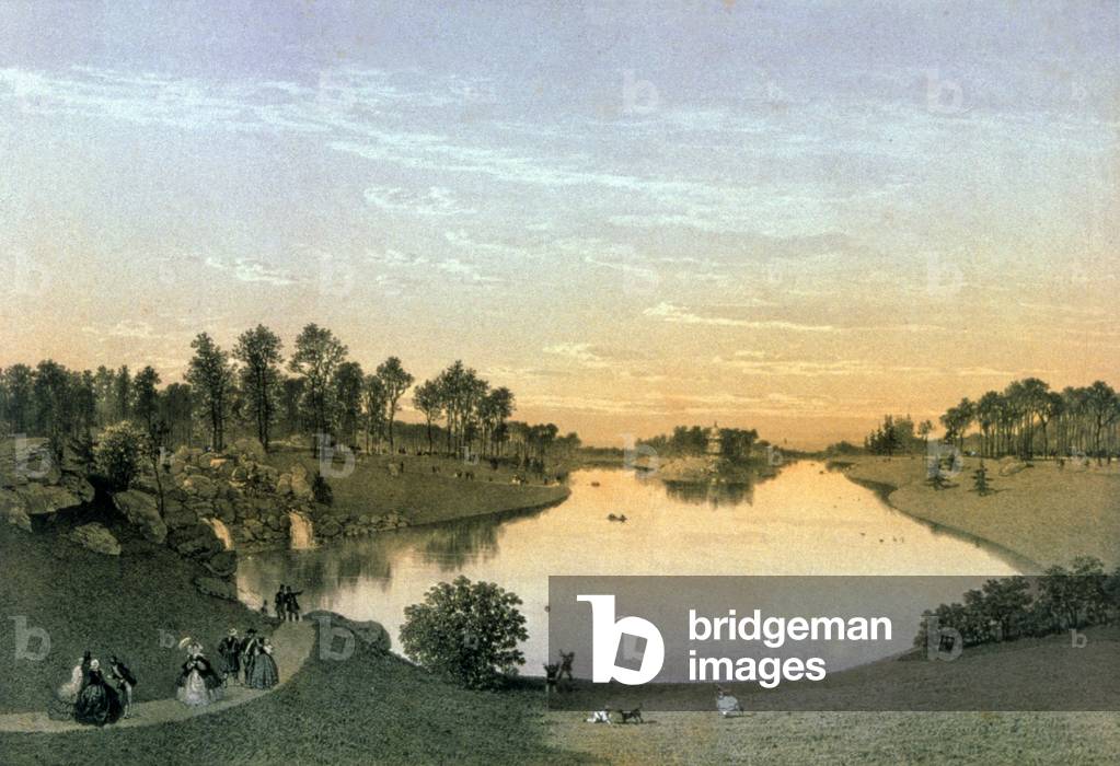 Lake in bois de Boulogne, c.1860 (engraving)
