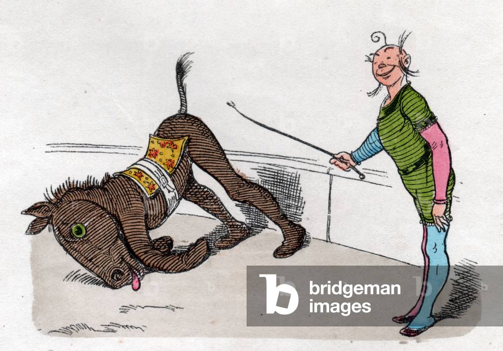 Art. Entertainment. Circus. Clown training a fake horse. Imagery 