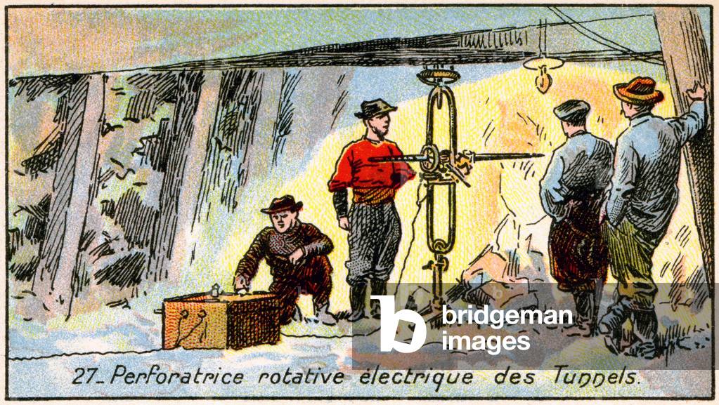 Science. Energy. Minors using an electric drill. Imagery in: The wonder of Electricity, France, c.1910.