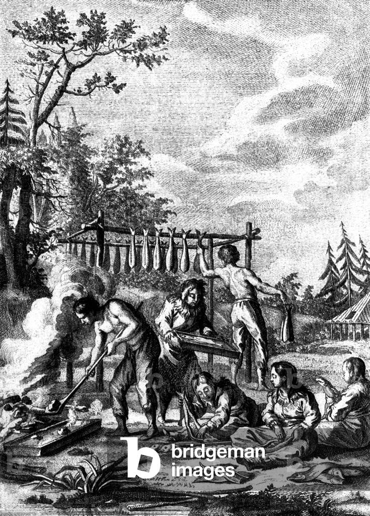 Art of smoking fish in Kamtchatka, 1771 (engraving)