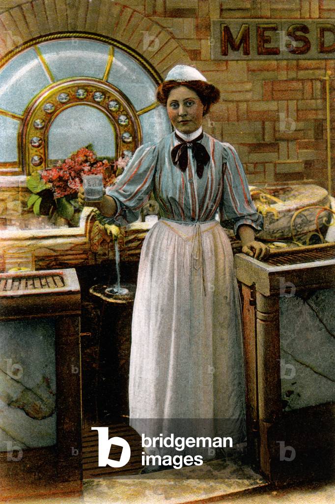 Medicine. Water dispenser a the Spring's Palace in Vichy, France. Postcard, France, c.1900.