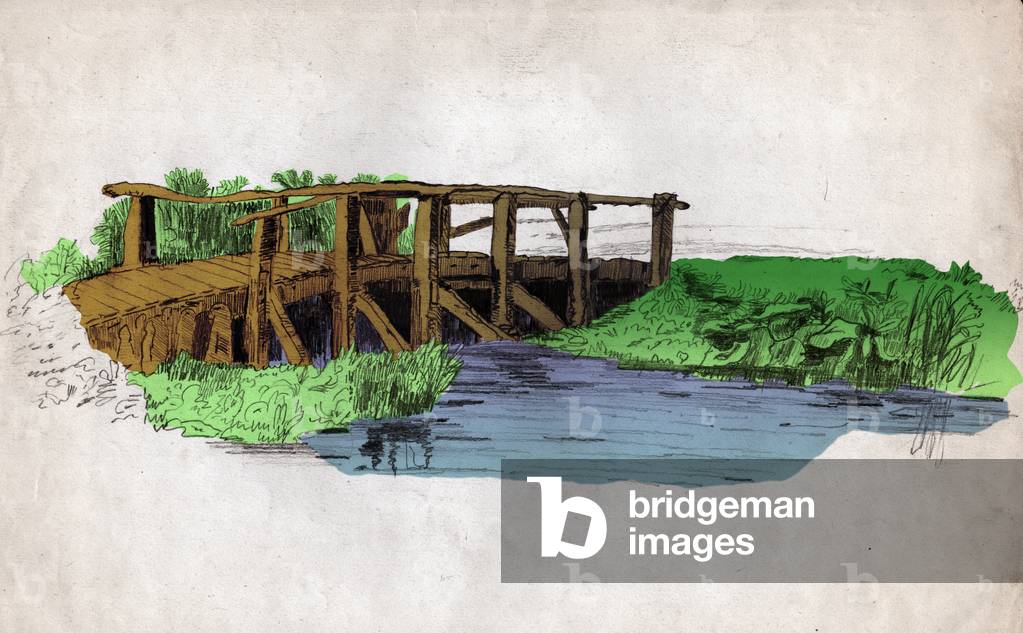 A small wooden bridge over a river (drawing, circa 1830)