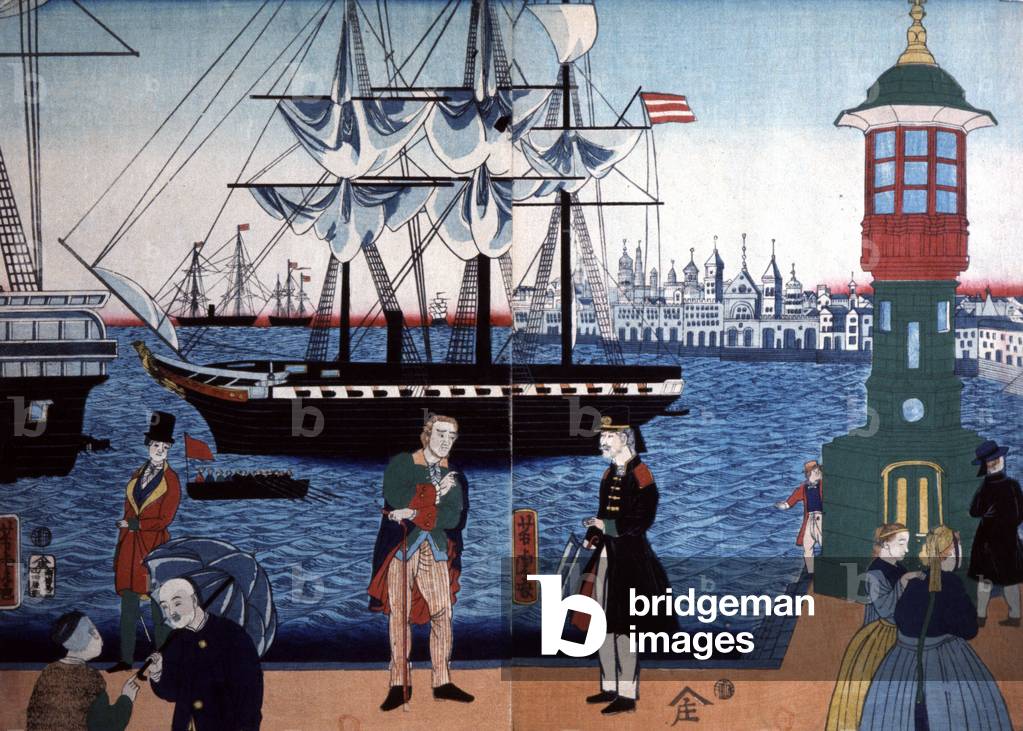 A western harbour, 19th century (japanese stamp)