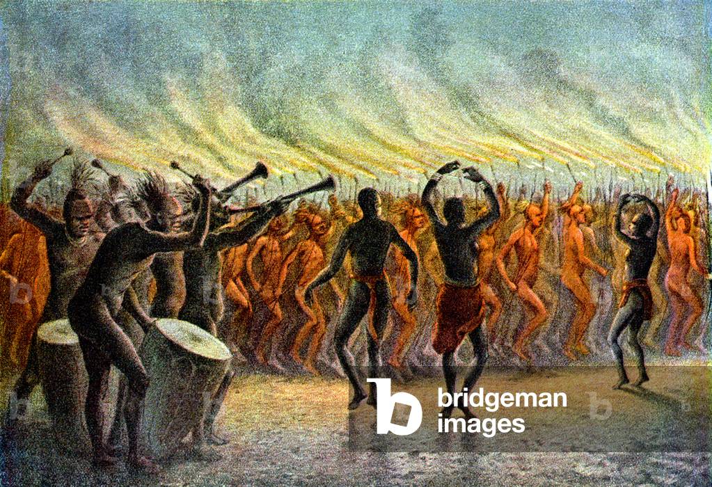 War dance by Bari poeple (Sudan), c.1880 (engraving)